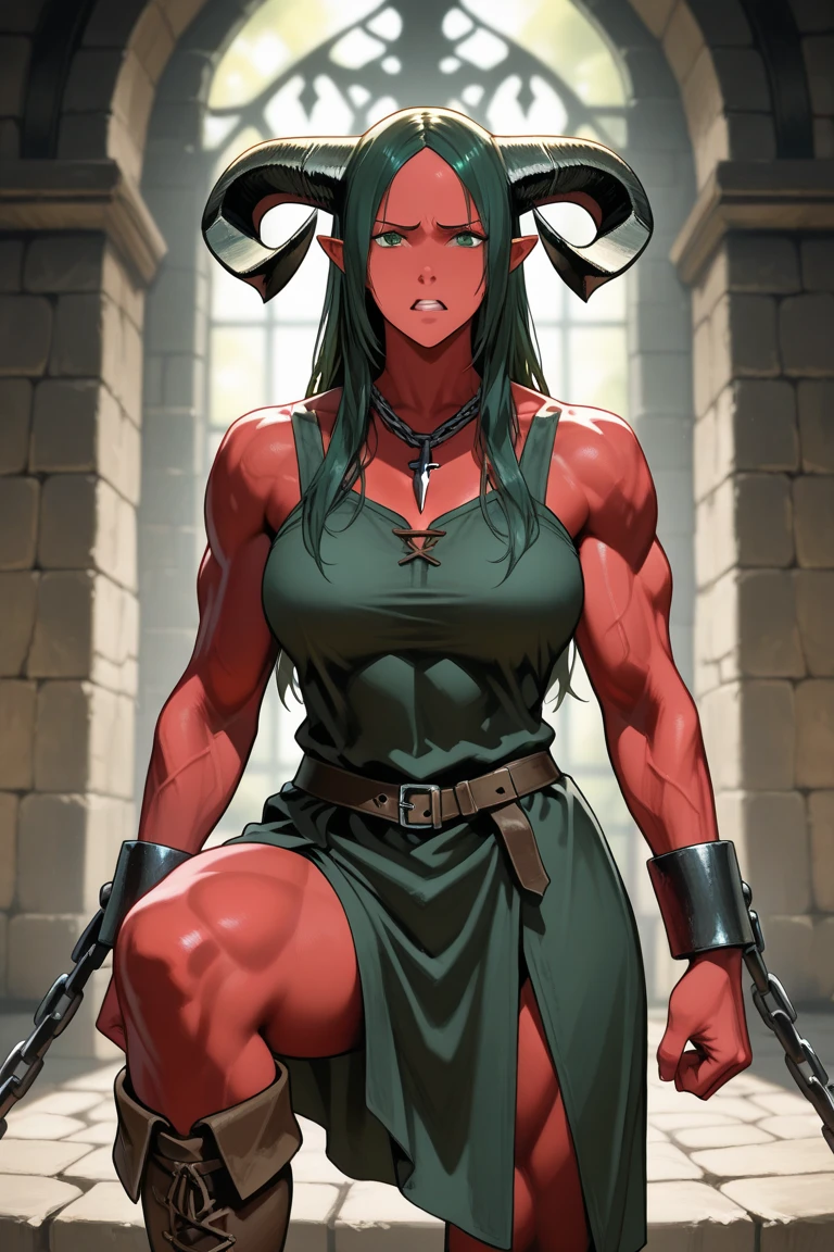 ((1woman)) Whole body, standing, gray skin, drow, elf, 1 girl, maduro, Red eyes, purple hair, black bikini, ABS, Large knockers, tattered rags, chain collar, stomach tattoo (red tattoo