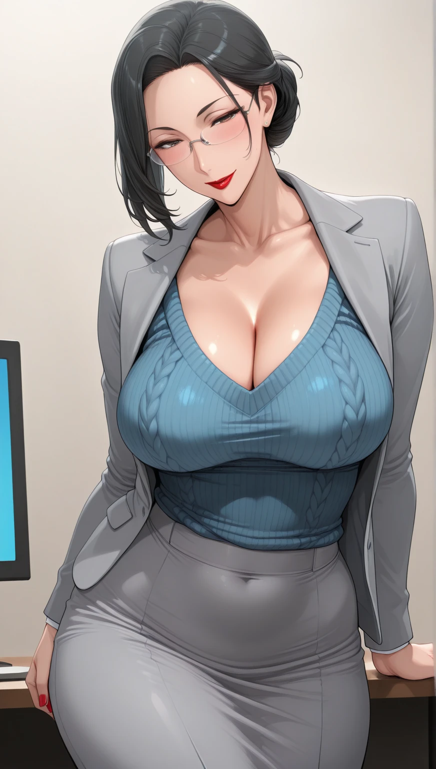 A portrait of Electric Sinclair sitting in front of her PC wearing clothes that don't reveal her cleavage and with a wicked grin on her face, (masterpiece), (best quality), (details), (8k), (high resolution), (wallpaper), (cinematic lighting), (sharp focus), (complex)