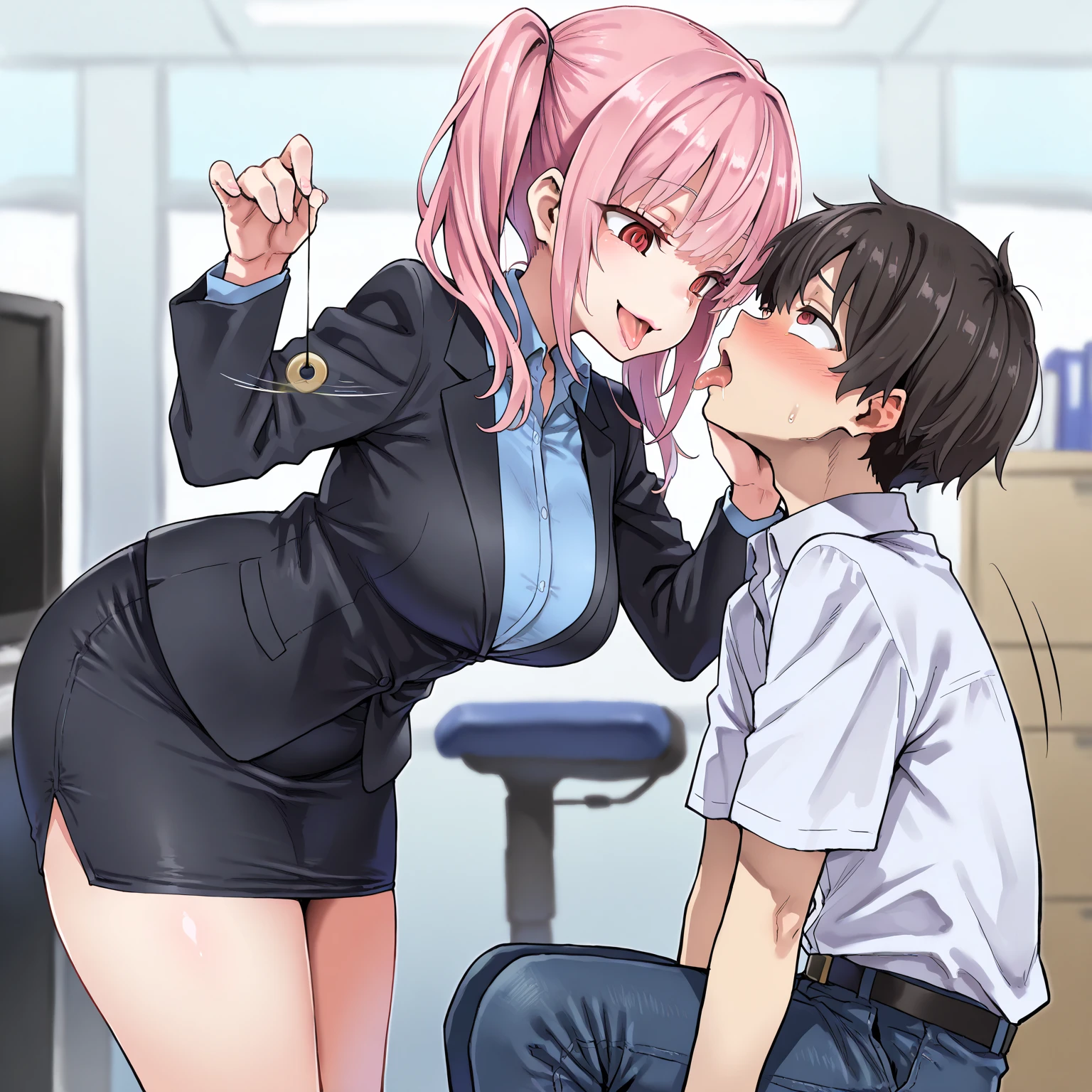 (masterpiece、highest quality、Super detailed)、((1 girl))、((pink hair))、((twin tails))、((light blue eyes))、evil smile、((grin))、earrings、((very big breasts))、((white shirt))、((cleavage))、((black bra))、((black pleated skirt))、cowboy shot、((1boy))、((A naked man sits next to a girl))、((sitting))、((handjob))、((penis cum))、Gym storeroom、((nsfw))