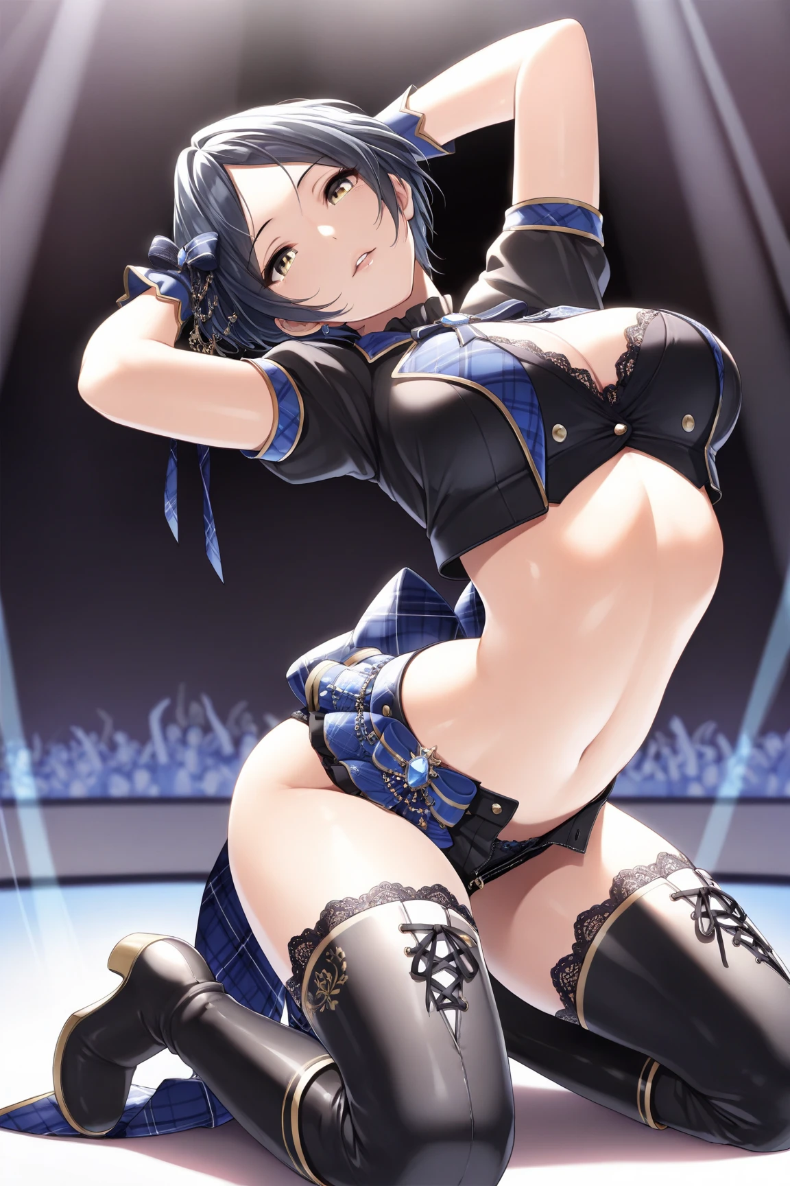 Plump thighs、Best image quality、High resolution、masterpiece、super high quality、Spreading her legs、Squat with your legs apart、Butt shooting、blue bra、Blue panties、Fullback panties、とてもBig Ass、The buttocks are too big、Low Angle、Blushing、4K quality、Thick thighs、Big Ass、Wearing black knee socks、Pubic hair growth、Shooting from below、Blushed、Big Breasts、Condescending face、You are tempting me、Photo studio、On the bed、Show your ass、Porn video shoot style、All fours pose、Filmed by multiple cameras