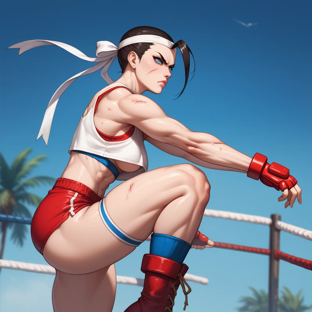 Tall, muscular, crazy woman, Smiling, medium tits, big butt, long, spiky red hair. Gray fighting dog, with torn sleeves, with a white karate belt, bandages on his hands and feet, white panties, standing, white background, full HD, 8K, Cinematic lights, super detailed face, beautiful face.