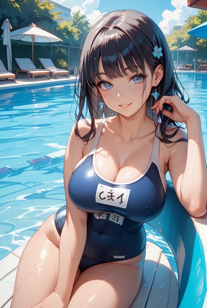 beautiful girl、high school girl、Wet black hair、Shy expression、blush、Navy blue school swimsuit、big breast body shape、Japan School Pool、Water Drop、Wet Skin、Wet swimsuit、Massage the breasts
