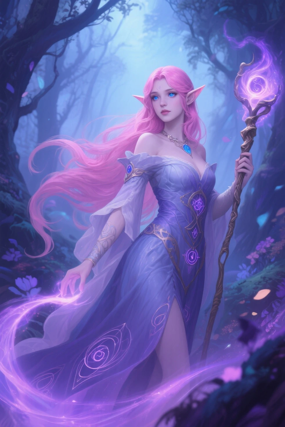 (Name: Ylmir) Elf, A purple-skinned female elf, gracefully holding magical energy in her hands, surrounded by an ethereal glow, with a mystical and enchanting aura.