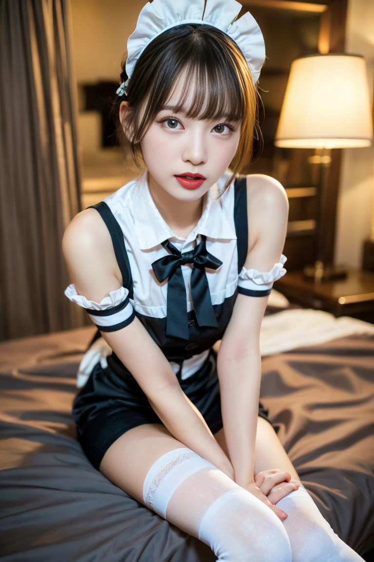 masterpiece, best quality, illustration, Super detailed, fine details, High resolution, 8K,wall paper, perfect dynamic composition,(Details High quality, realistic depiction of eyes:1.3), short hair, (wavy hair:1.2), SFW, huge breasts, hotel room, (bow ribbon, Maid, knee high socks:1.3), Aside Cutter Shirt, frill skirt, (Large breasts), Don't expose it, ponytail, black hair color, Big Natural Color Lip, perfect body shape, crying a little、Harajuku style、20 year old girl、cute type、ta、beautiful legs, (kneeling, from above:1.3)