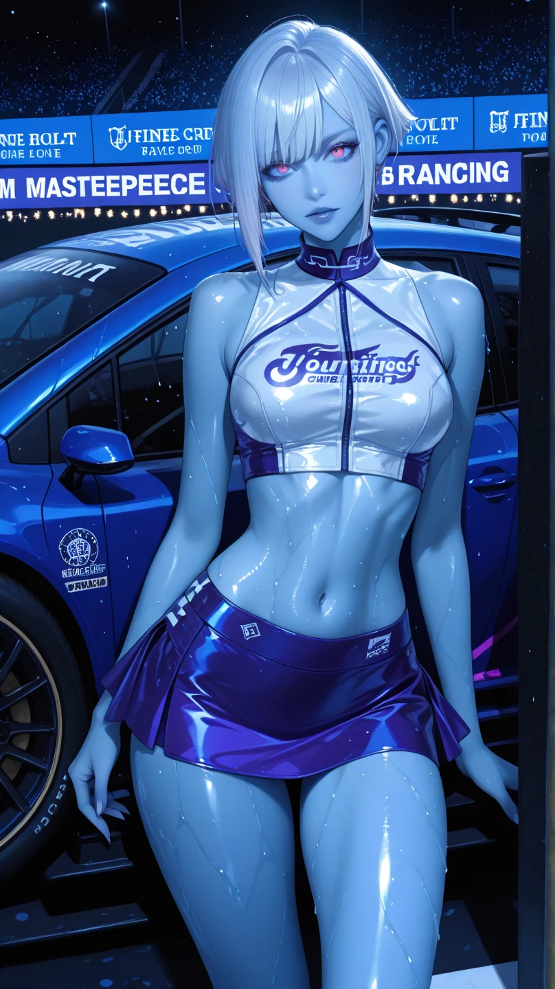 A cute woman ( sexy skin suit, a few cybernetic data-ports mar her skin, neon chrome color scheme (random color)) posing next to a matching cyber super car, future tokyo