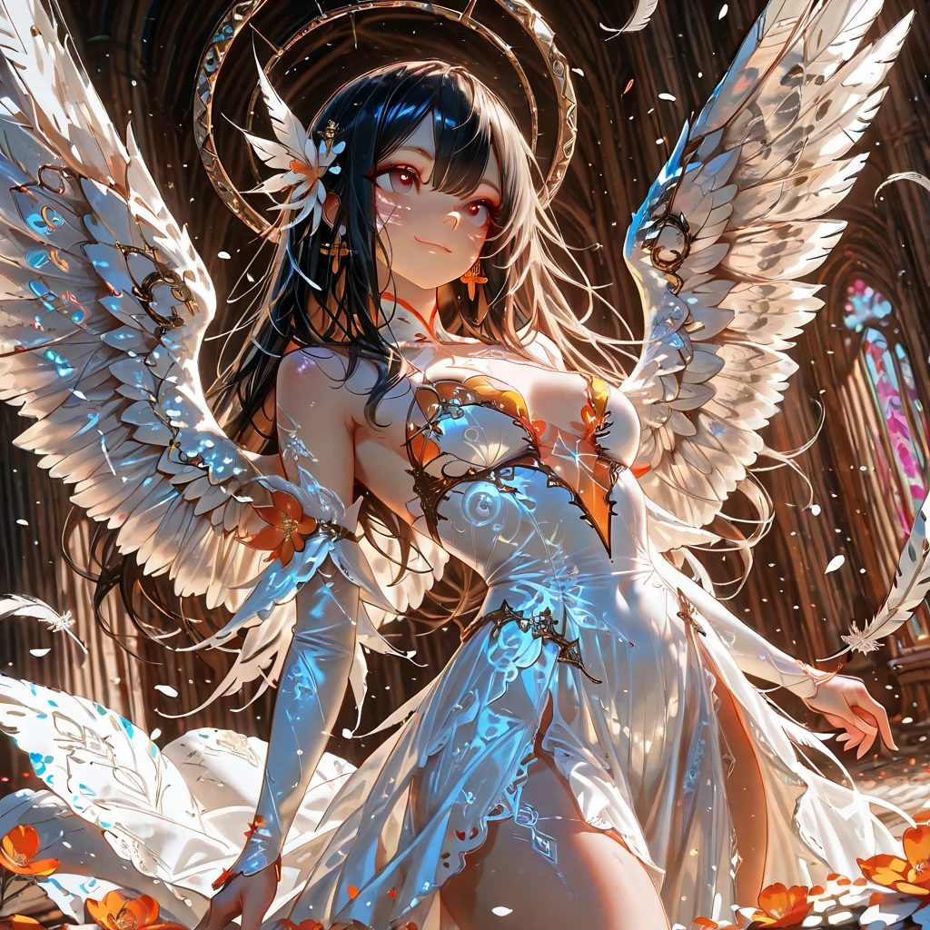 A pretty girl, wearing a long sexy dress, with wings, sparkling white, sparkling pink, sparkling eyes, sparkling simple make up, sparkling face, with wings,