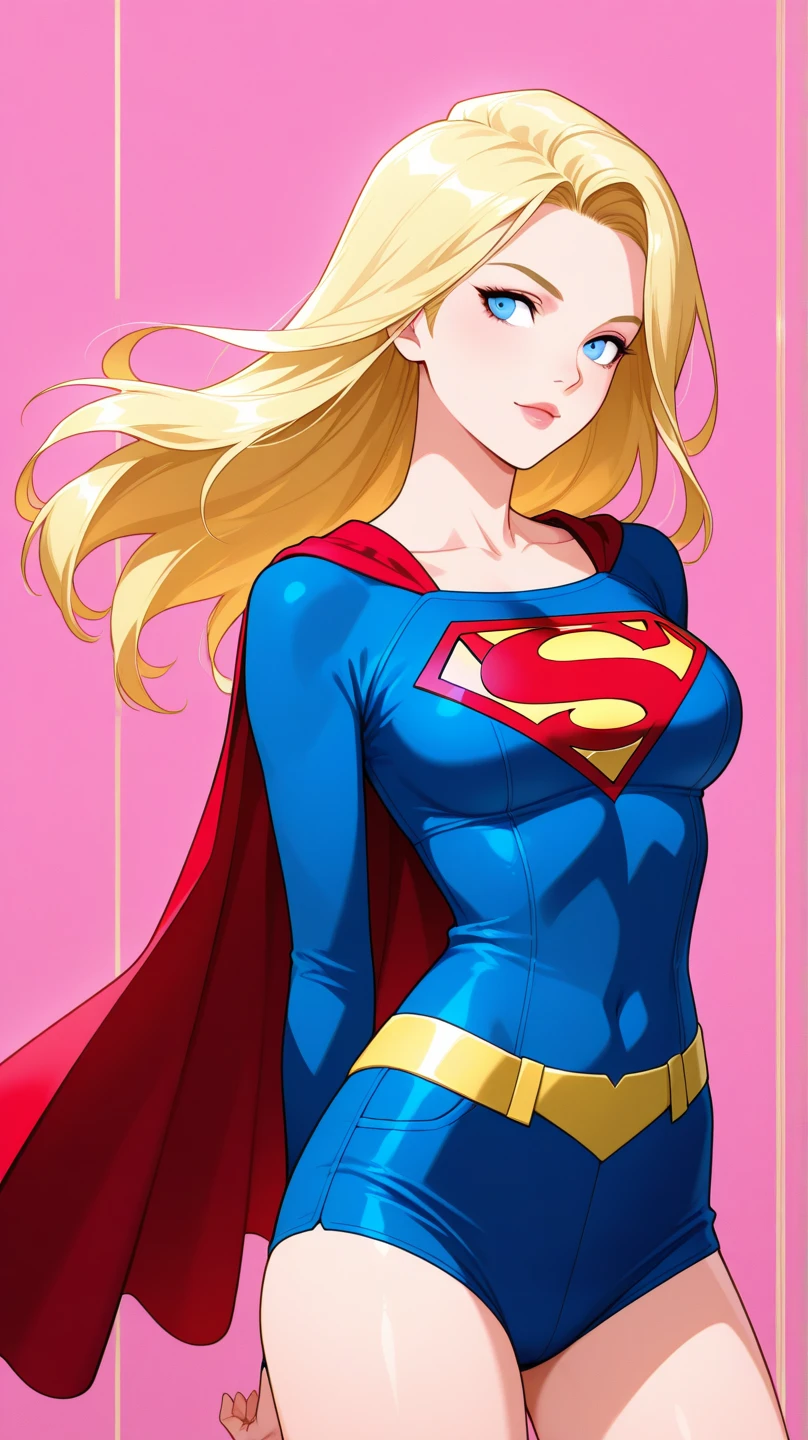draw of a supergirl,
blonde hair,   cleavage, cute superhero suit, large breasts,  long hair,  solo,
<lora:Flat_Cute_Style-000004:1>