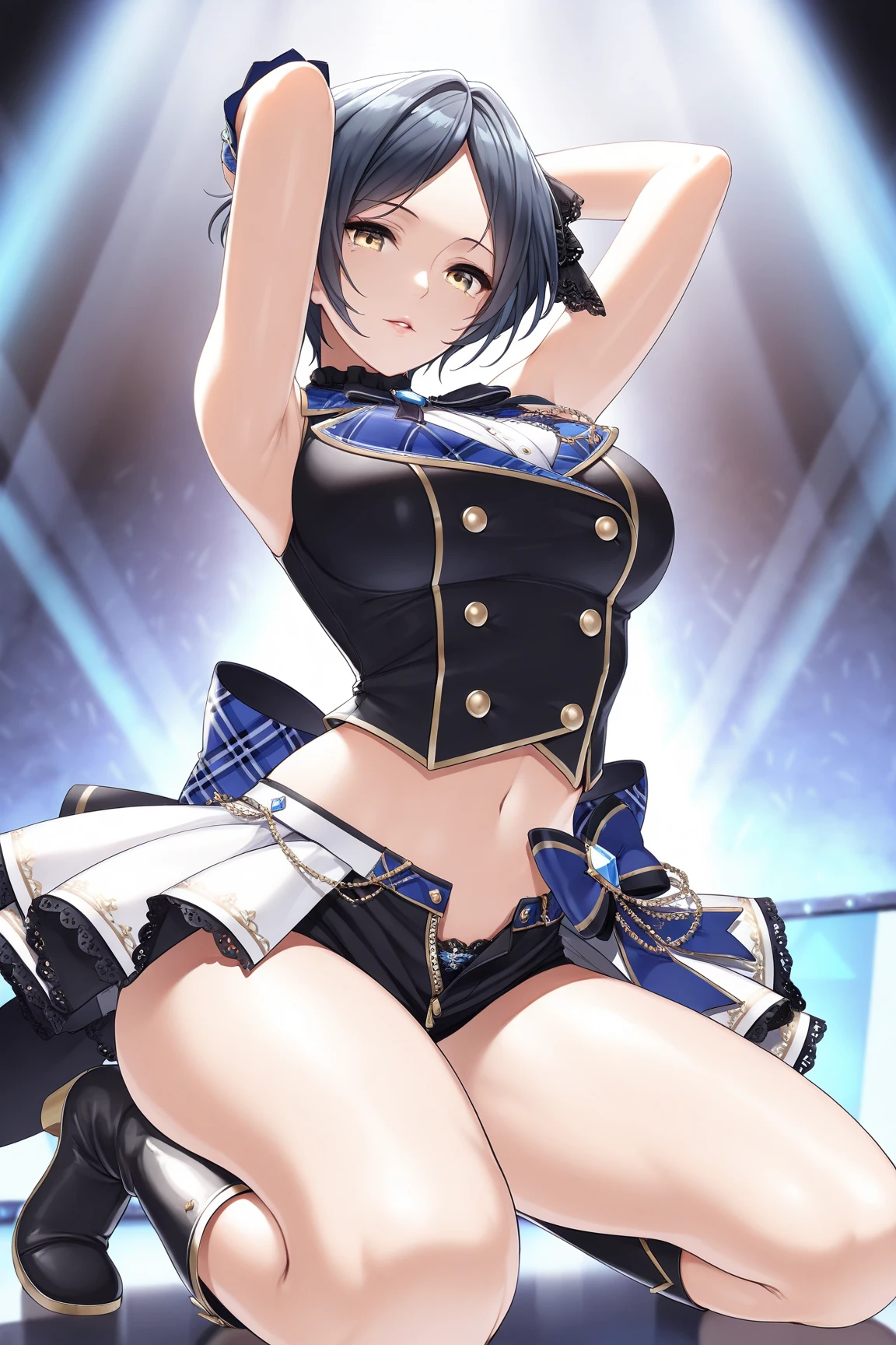 ((masterpiece,Highest quality)), Confused, Kitasan Black umamusume, Animal ears, short hair, Striped Hair, hair ornaments, Medium chest, Horse tail, Wearing a maid outfit, alone, Laughing with your mouth open, Looking at the audience,,((nsfw)), Squat, (((No correction))), ((lie on back, legs up high, spread legs, hold knees, vagina)), (spread pussy by herself with both hands completely:1.4), (open legs, spread legs),18 years old