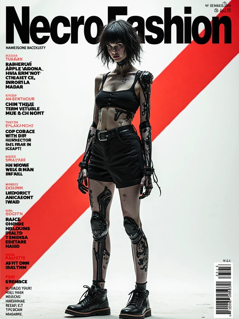 Rated R, nsfw, sexy female cyborg, magazine cover, poster art , Lovecraftian horror tattoos, tattoos, hint of vibrant, bold huge text, matted design layout.