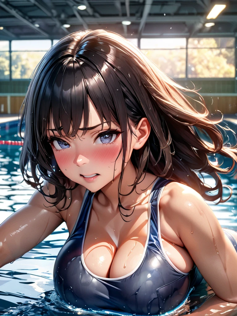 ((highest quality, High resolution, Perfect Pixel, Written boundary depth, 8k)), 1 girl, high school student, beautiful girl, (Detailed face, Perfect Face), Baby Face,((Red eyes:1.4, Beautiful eyelashes, Realistic eyes)), ( blush:1.4), Beautiful smile, ((Brown Hair,short hair, Curly Hair:0.5)), ((Smooth texture:0.75, Realistic texture:0.65)), Sweaty skin:1.3, Medium chest, Perfect body, Firm stomach, (Swimwear:1.3), (separate:1.5), Public swimming pool