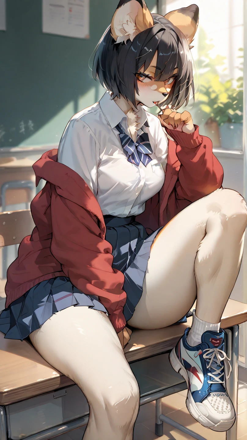 1 woman, 17 years old, (updo, red and black hair), plump body, red eyes, Indonesian high-school uniform, (white transparent shirt, off-shoulders), osis logo on shirt pocket, big breasts, light-grey pleated skirt, sitting on a chair, seductive pose, full body shot, side view, smiling, in the classroom.