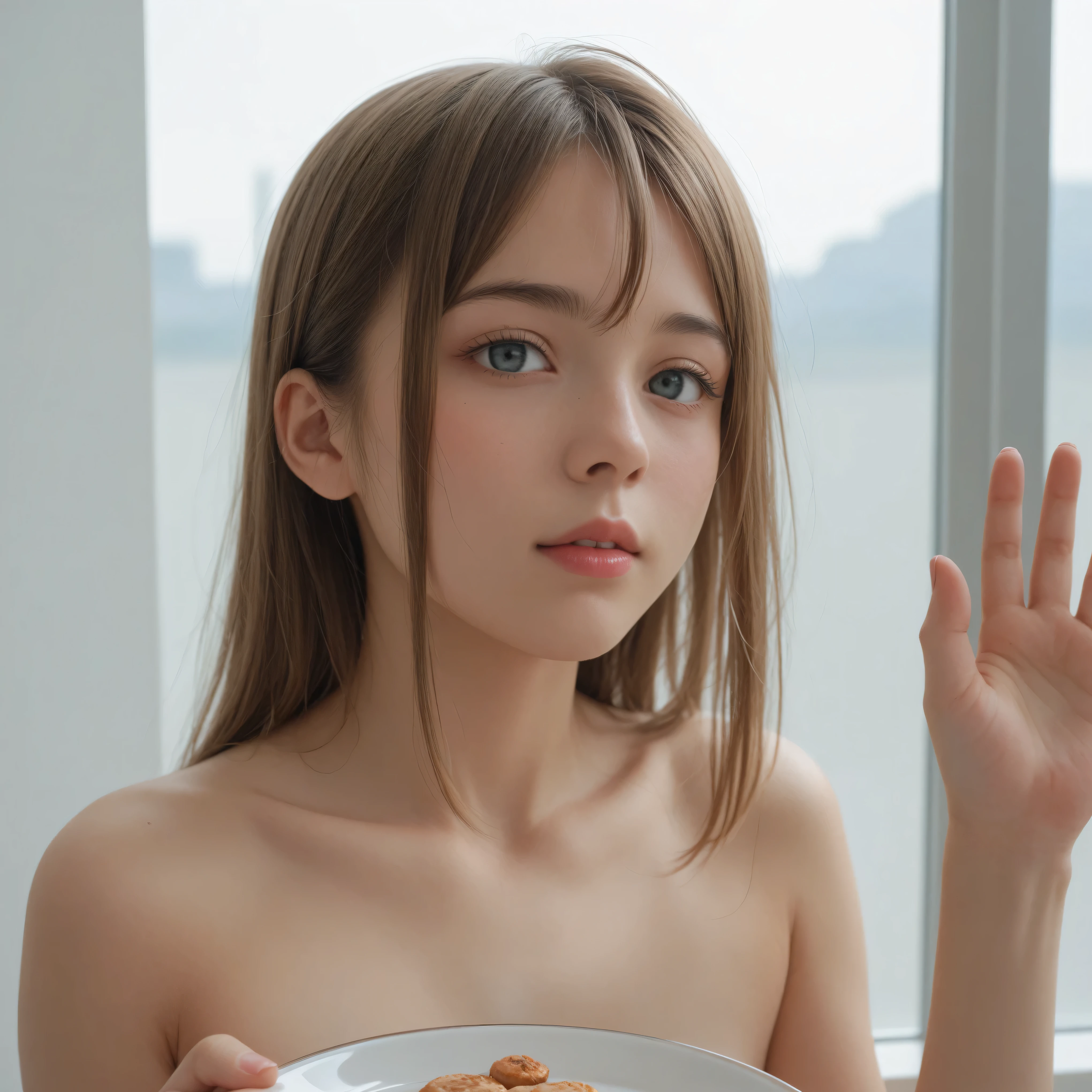 Real Live Action、8K high resolution、transparent glass plate wall with no reflection on the other side、その向こう側にいる、Naked Beautiful Girl、bust size A-78 small breasts