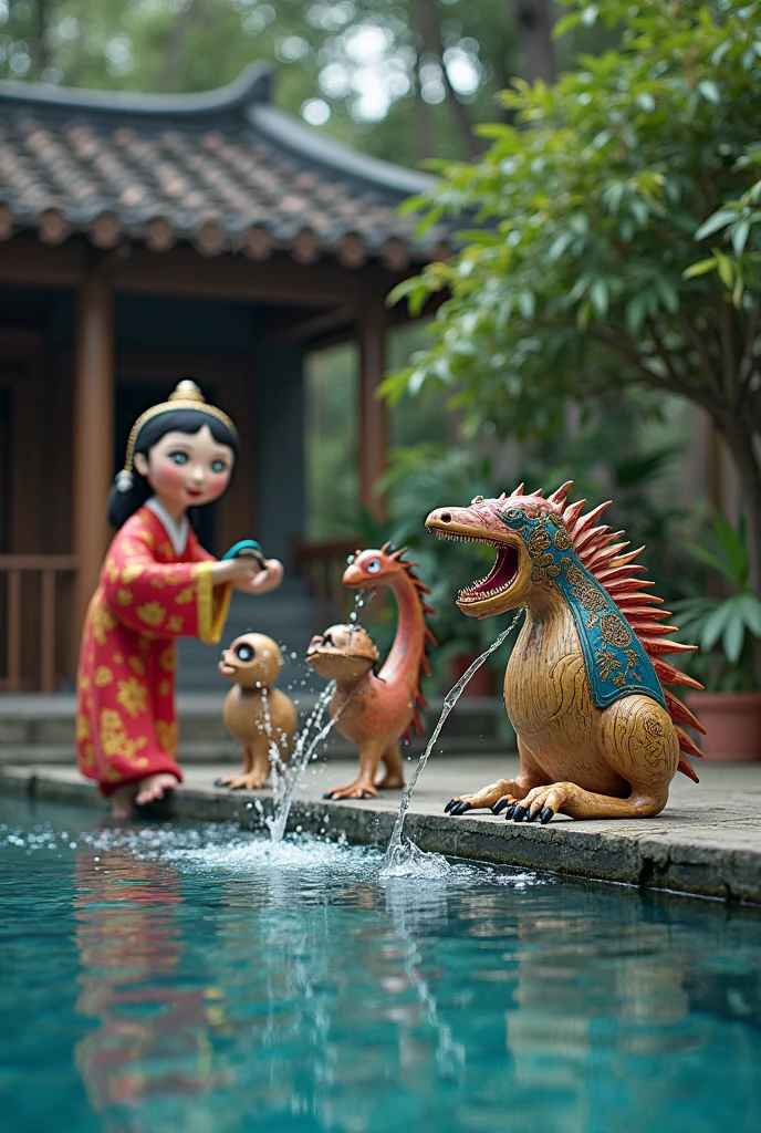A baby Chinese dragon with a male oriental teenager. The dragon is slightly behind him. Highly detailed. Beautiful details of small scales on the skin of the dragon in green and bluish tones. The male teenager has long black hair, ancient hanfu clothes. Happy palette of colours. Photography. Realistic ray tracing.