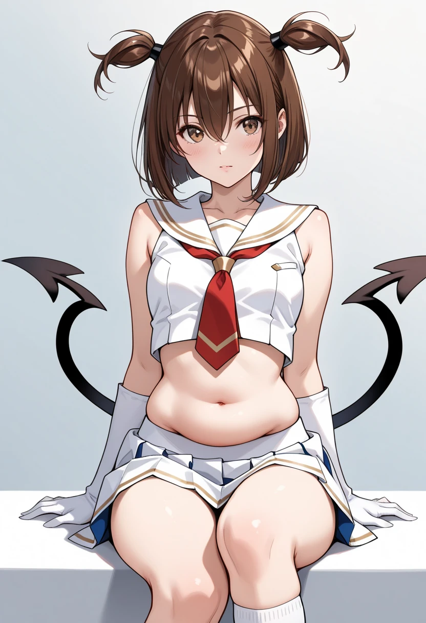 ((masterpiece,best quality)), highres, extremely detailed 8K wallpaper, depth_of_field, best shadow, (Colorful),(Delicate eyes and face), nice hand, Perfect hands, (no lighting), Ray tracing, BREAK (1girl in), mogami \(kancolle\), black hair, short hair, black eyes / green eyes, swept bangs, small breasts, slender, skinny, open mouth, smile, (full-face blush), BREAK, wolf girl, dangerousbeast, (sailor collar:1.41), ((very long red sailor's tie)), reddish brown elbow gloves, gloves, (wolf tail), (bare navel), (under boob), (black stockings:1.2), High heels, BREAK, claw pose, Cowboy Shots, Looking at Viewer, stomach focuedroom)), night time, ((dark backgrounds:1.8)),
