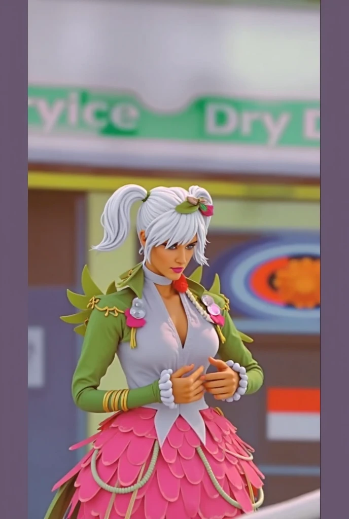 3dmm style,(masterpiece, top quality, best quality, official art, beautiful and aesthetic:1.2), (fractal art:1.3), 1girl, beautiful, high detailed,lighting, bloom, cinematic lighting,smiling, Mitsuri, (gradient hair color),green eyes,cleavage, (demon slayer uniform), white jacket, (mini skirt), black skirt, medium shot,<lora:3DMM_V12:1> , <lora:KanrojiMitsuri:1>