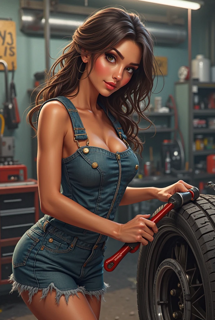 brown hair, ponytail, , huge breasts, cleavage, sexy mechanic, in a garage, (perfect hands:1.1) (extreme far shot, full body, zoomed out:1.1) full nude