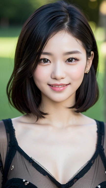 Japanese women, Portraiture, Upper Body, light smile, Medium Hair, nude, Warm tones, Urban Background, Industrial Building, photograph, Simplicity, High resolution, Natural Makeup, Young people, Fujifilm XT3, Canon R5, Fujicolor Fujichrome Velvia 100,smile,short hair、Upper Bodyのphotograph、