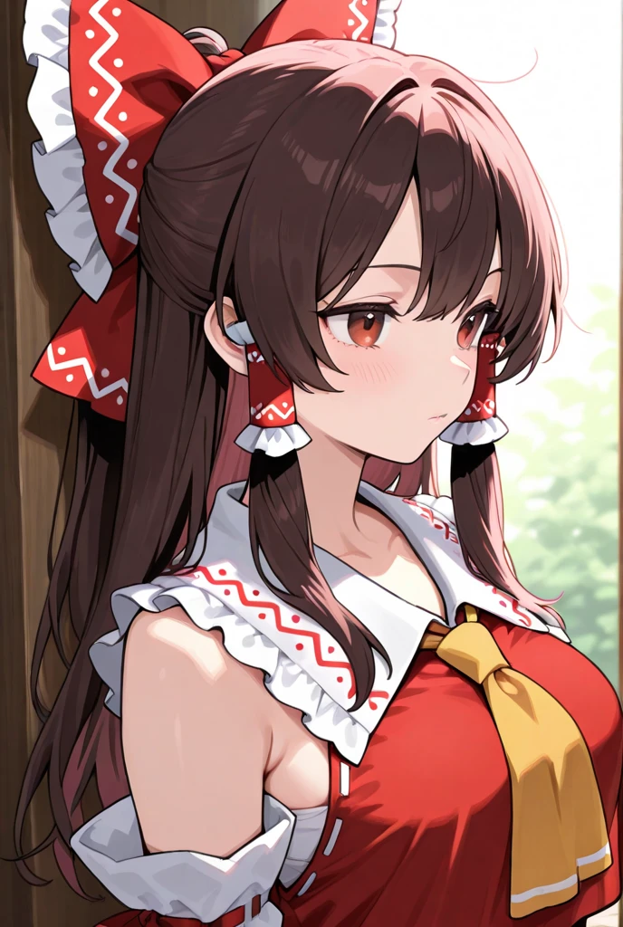 masterpiece, top quality, super detailed, CG illustration, high resolution, better lighting, best shadows, very delicate and beautiful, proper shading, hd, 8k,hakurei reimu, 1girl, solo, long hair, breasts, looking at viewer, blush, smile, bangs, large breasts, simple background, brown hair, red eyes, white background, dress, bow, ribbon, holding, hair between eyes, bare shoulders, medium breasts, closed mouth, hair bow, sidelocks, frills, detached sleeves, alternate costume, wide sleeves, white dress, red bow, red ribbon, hair tubes, ribbon trim, ribbon-trimmed sleeves, white sleeves