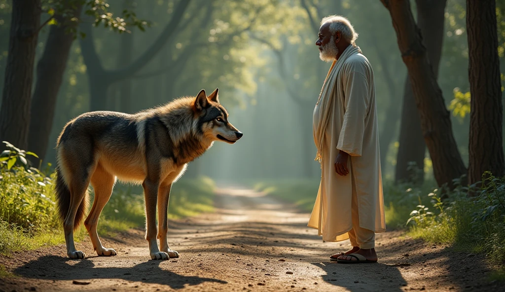 (photorealism:1.2), a muslim old man , forest background, setting under a big three seeing a wolf and the wolf is setting, there other muslims