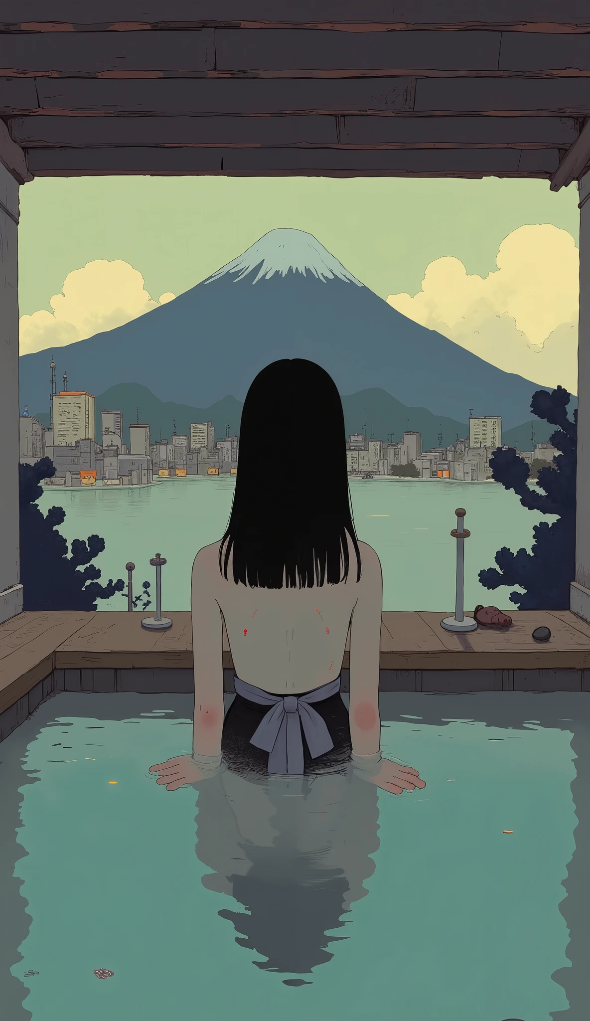 watercolor, Japanese milf, 40yo, straight black hair, naked upper body, bathing onsen, backlit silhouette, little chubby, sunset, mountain view