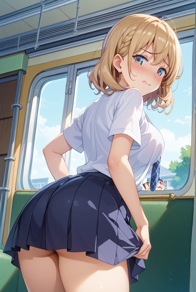 best quality,((((1girl)))),small breasts,((((10歳,:1.3)))))),curvy,orgasm,blush,sweat,blonde hair,((white shirt,pink skirt:1.1)),mini skirt,lift skirt,upskirt,lace panties,white panties,white kneehighs,sakurai momoka,from behind,((excessive cum,train:1.1))