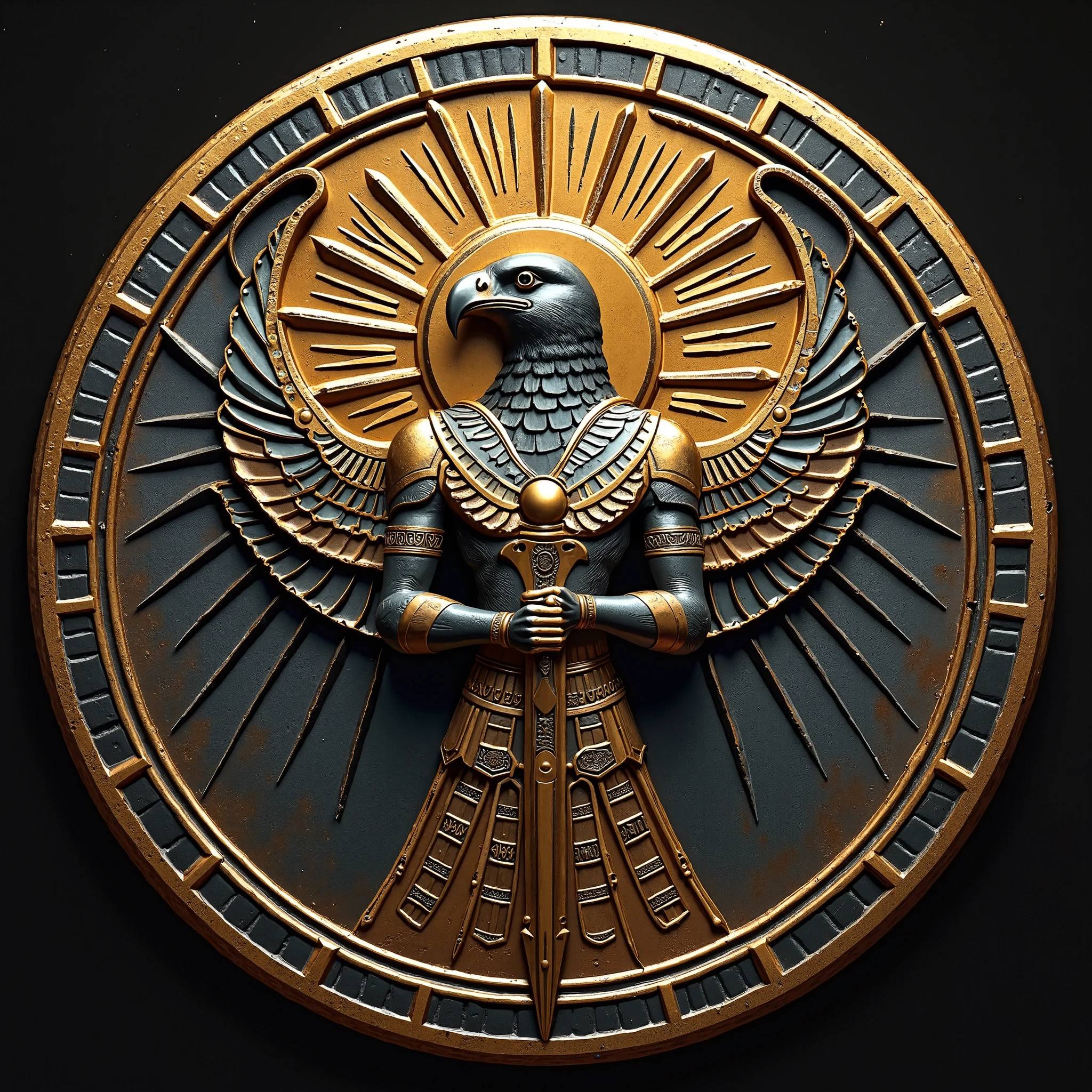 Silverlised Falcon Emblem Emblem of a royal falcon warrior with an Egyptian aesthetic, standing ...