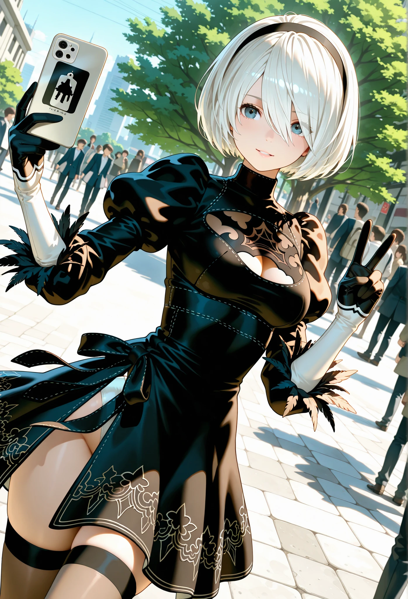  Character 2B from the game Nier automata taking a selfie with a mother and daughter in the middle of the street, bends slightly to be at the height of the and makes V with his fingers to pose for a photo, the street is busy and several people pass by and are perplexed to see the character in the middle of the street, Well-lit with natural light (ray tracing) 