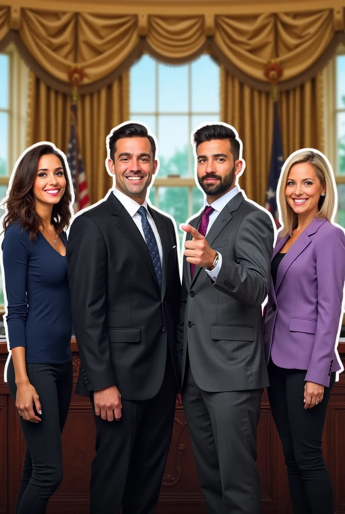 male salesman, female salesman, male salesman, elderly male salesman, happy in guts pose, office, image --auto