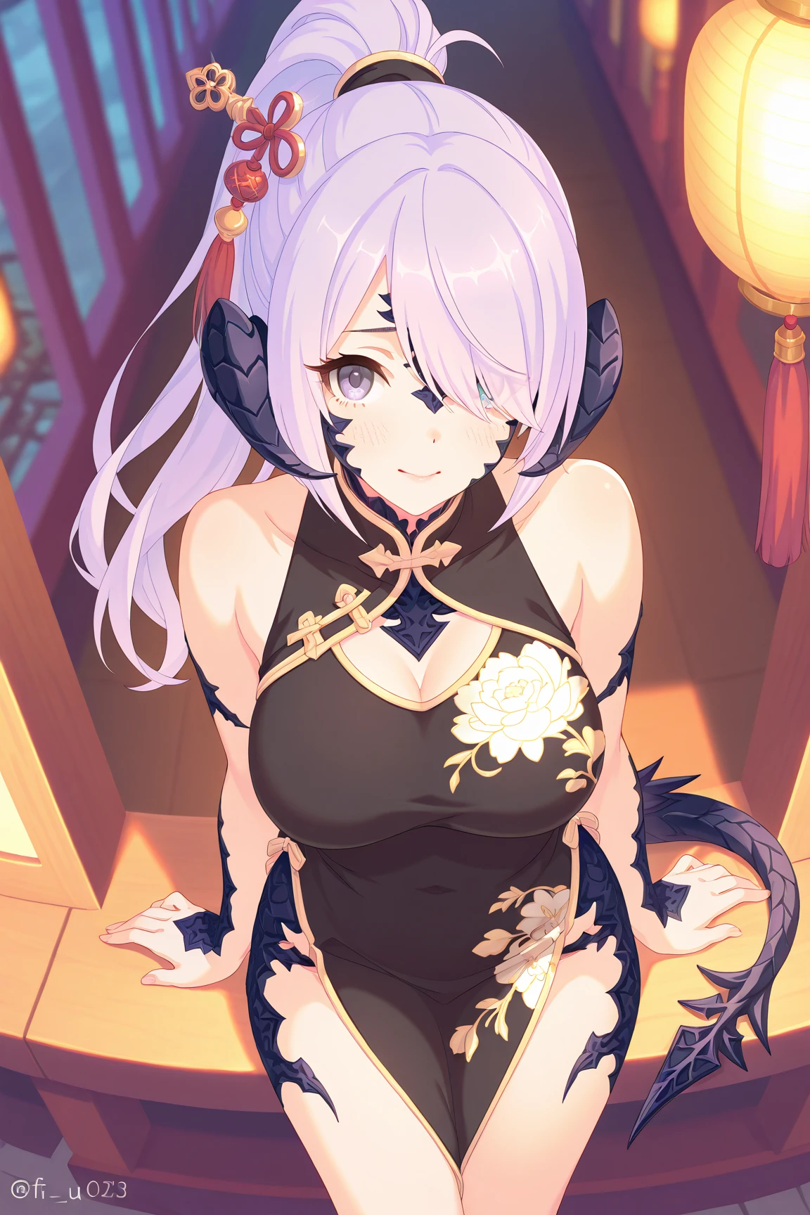 masterpiece, detailed, high quality, (absurdres), high sharpness, high resolution, selen, 1girl, solo, dragon tail, (tan), blush, medium breasts, curvy, wide hips, groin, (cameltoe), (strapless dress), (sideboob), clothing cutout, (sweat:1.3, wet:1.3, lotion:1.3, suggestive fluid:1.3),