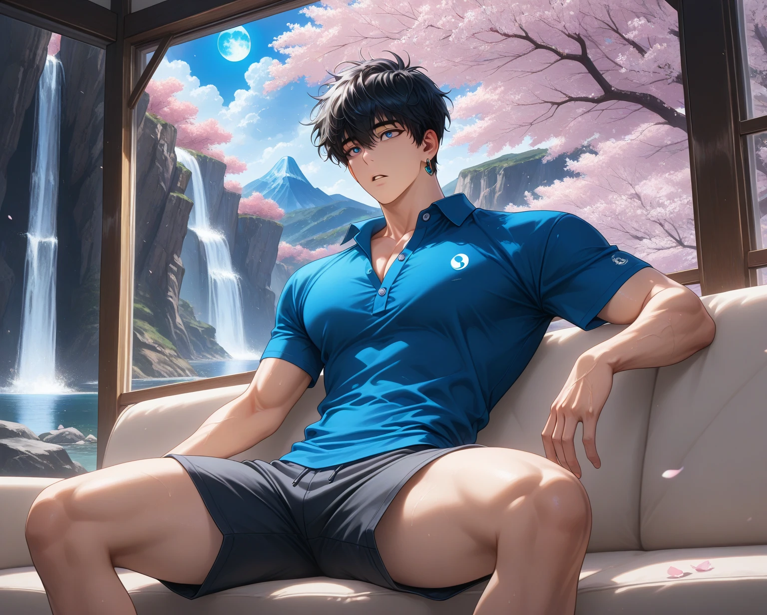 masterpiece,best quality,high quality,extremely detailed,(male austere handsome one solo adult age 30 years old:1.5),(purple eyes, cool with suspended eyes), body strong and fearless 8.5 head tall and 185cm tall,(well-groomed black hair short hair to neck:1.4), (bangs parted in thirds:1.4), (pectoral and rectus abdominis muscles:1.3), slender nose, facial muscles, (saltwater pants:1.3), (hand on neck:1.3), (scowling smile:1.3), (bathing and wet:1.3), (stylish pose), (seated:1.3), (hair in (background summer river and forest:1.3), (Milky Way Night Sky: 1.3)