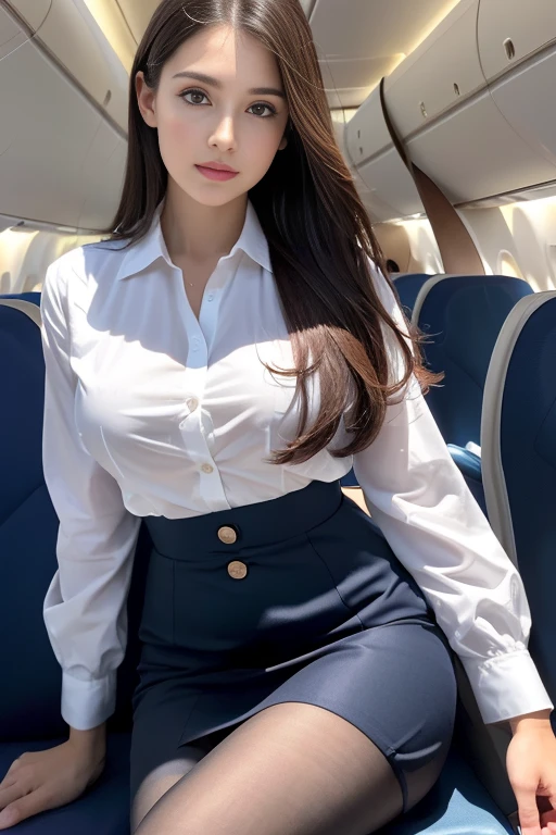 Top Quality, Masterpiece, 8K, Ultra High Definition, (Photorealistic: 1.4), 1 Girl, beautifull face, symmetry eyes, Big, perfect body proportions, Stewardess uniform, The beholder's gaze, (Inside the Airplane: 1.2), Front view, shoulder jump, Absolute area (1.3),