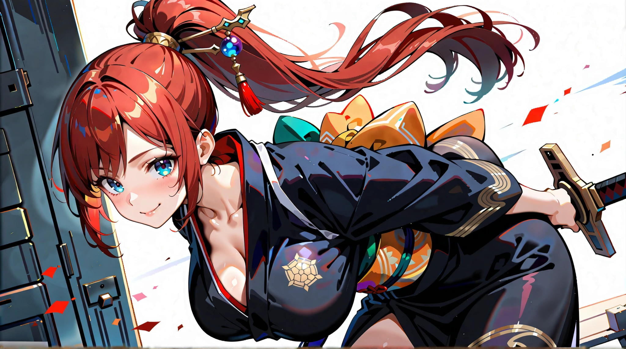 8K (high resolution) (Super Detail) (masterpiece) (Highest Quality) animated illustration detailed eyes detailed face detailed hands Delicate hair detailed wrinkles on clothes very elaborate body with raised palm fine skin healthy skin tone with ro in the background solo 18 years old blue eyes (red hair) barrettes on bangs ponytail raised chest carrying the sun Big Breasts smile black kimono hairpin Brandishing a sword Big fight composition from an oblique bottom Dynamic