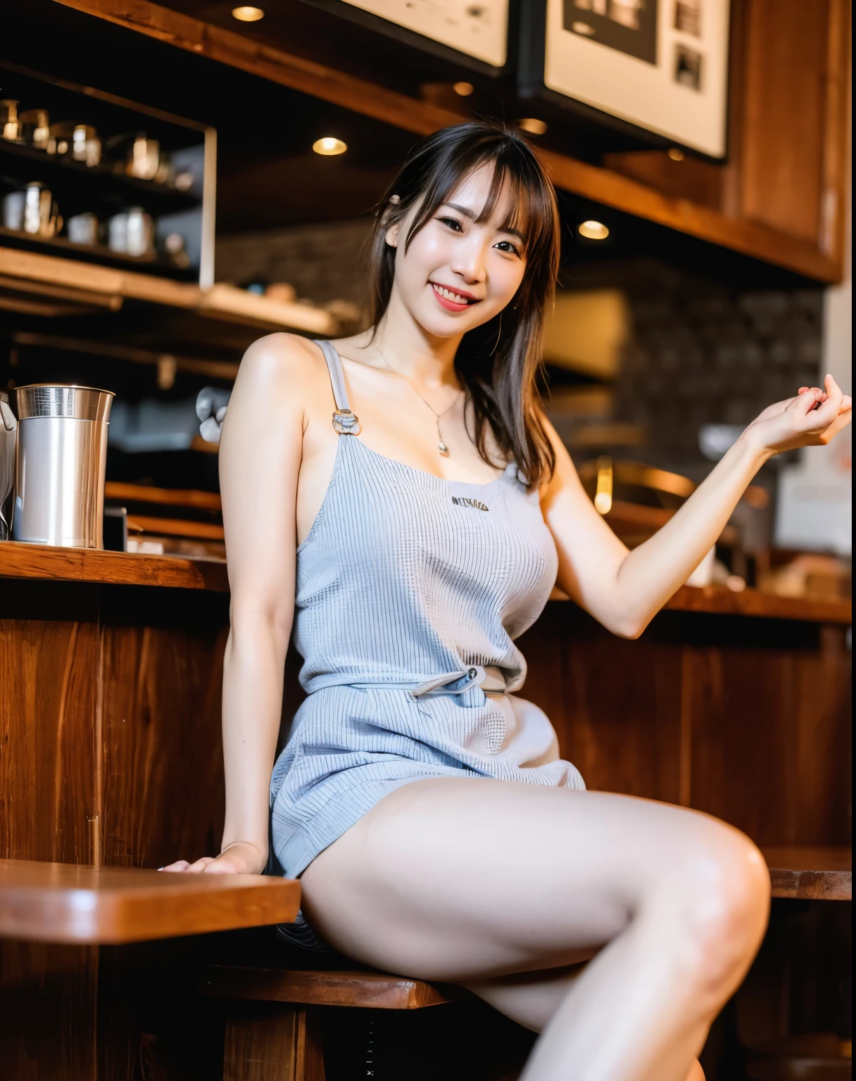 Beautiful legs, stockings, ultra  details, masterpiece, Highest Quality, beautiful,  details, alone, charming smile, Sexy Lips , one girl, brown eyes, silver-haired, Sexy Poses, big breasts, Low Hair Ring, open your legs, facing backwards, waitress, 美脚のwaitress, cafe