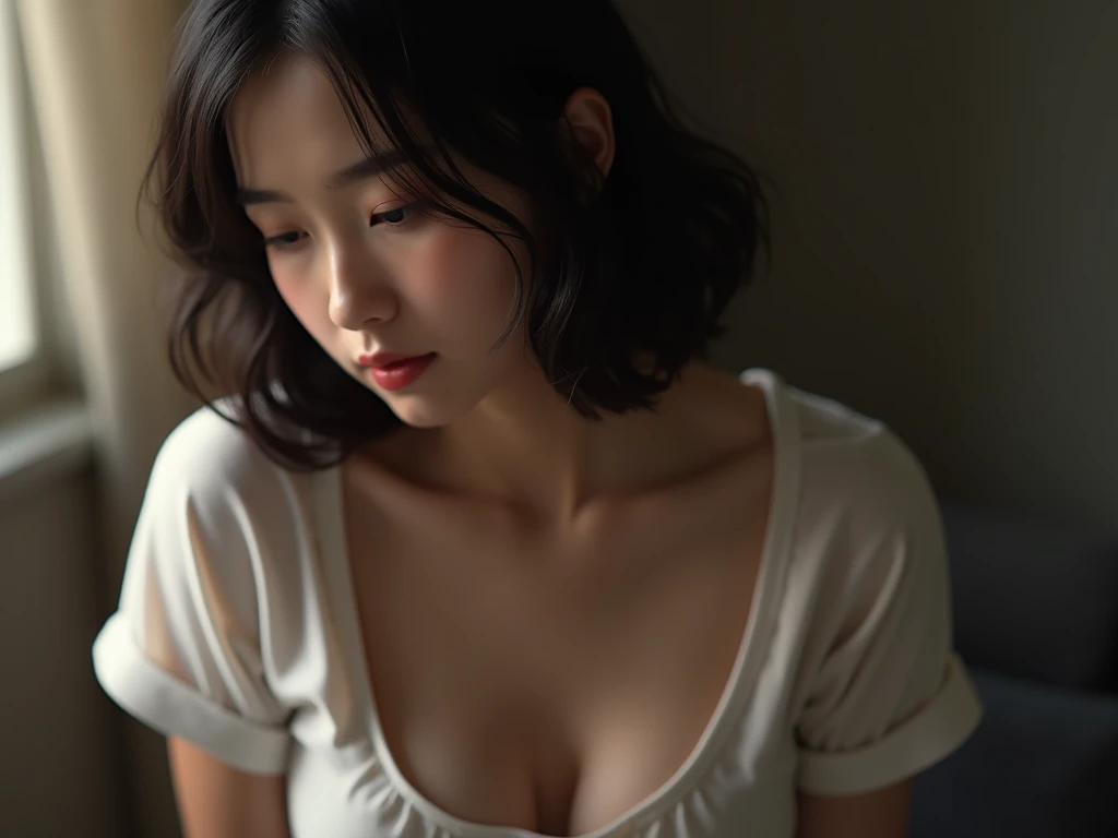 (Highest quality, 8k, 32K, masterpiece, Ultra-high resolution:1.2),Beautiful Japanese Women Photos,Black short hair,Beautiful Face,(Leaning forward:1.3),squat,(From above:1.2),(close:1.4),throw,,Look at other people,smile, Loose fitting T-shirt,Large Breasts,Beautiful nipple exposure,Outdoor,the wind is strong,Glowing Skin, indoors, Blurred Background