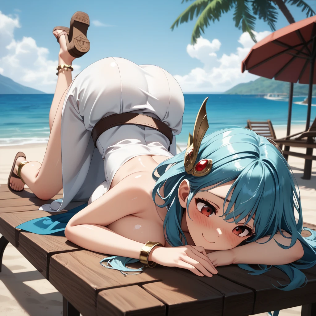 Kamisato Ayaka Genshin Impact game style, 3D,on beach,small micro bikini,resting on stomach,horny,looking at viewer,winking,smiling