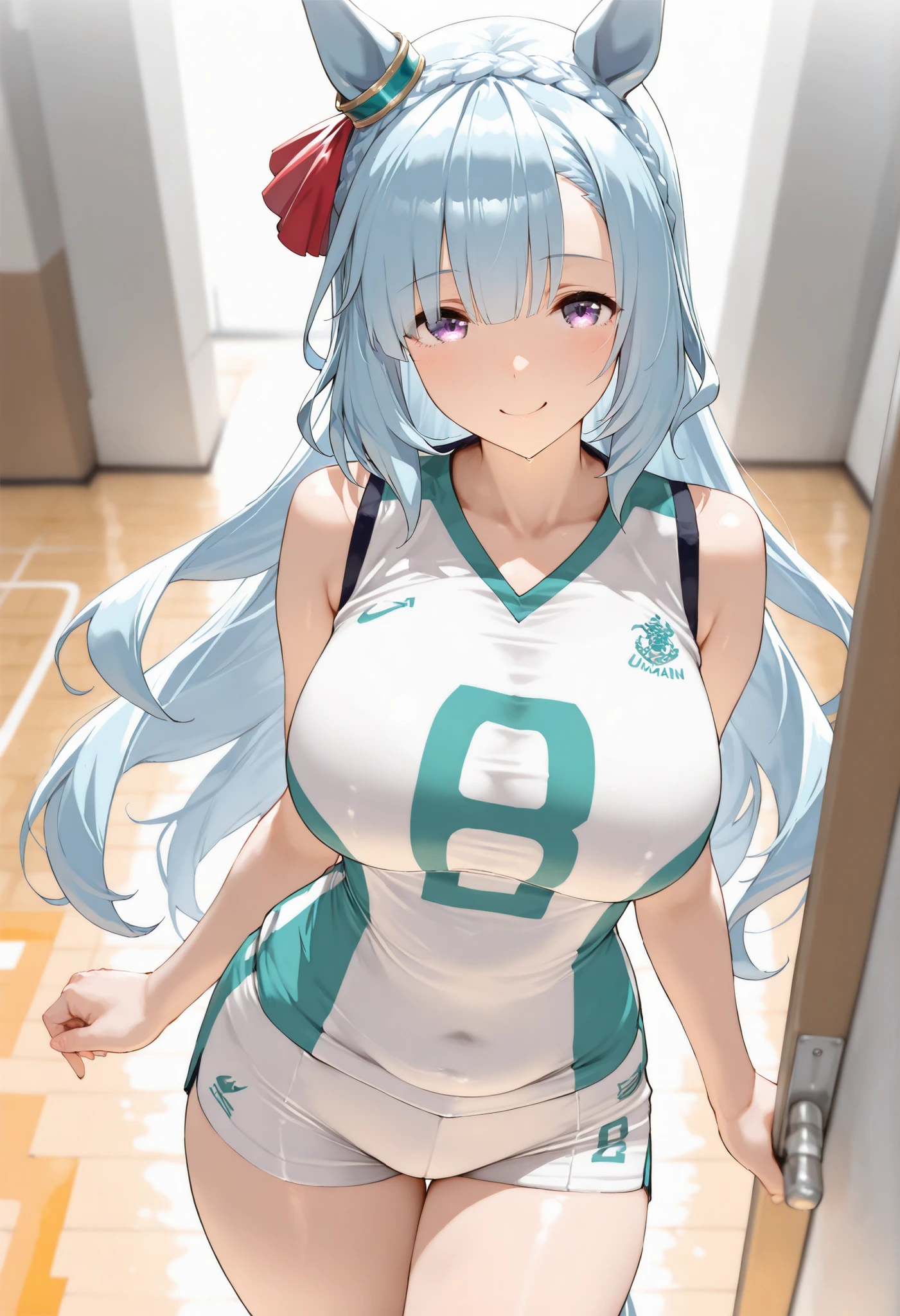(masterpiece:1.5), (Highest Quality:1.4), (high resolution:1.9), High quality eyes, Mejiro Ardan(umamusume), anime cool woman, volleyball uniform, sleeveless, tight fitting, (plump:0.8), (embarrussed), standing, sexy smile, (thighs:0.8)
