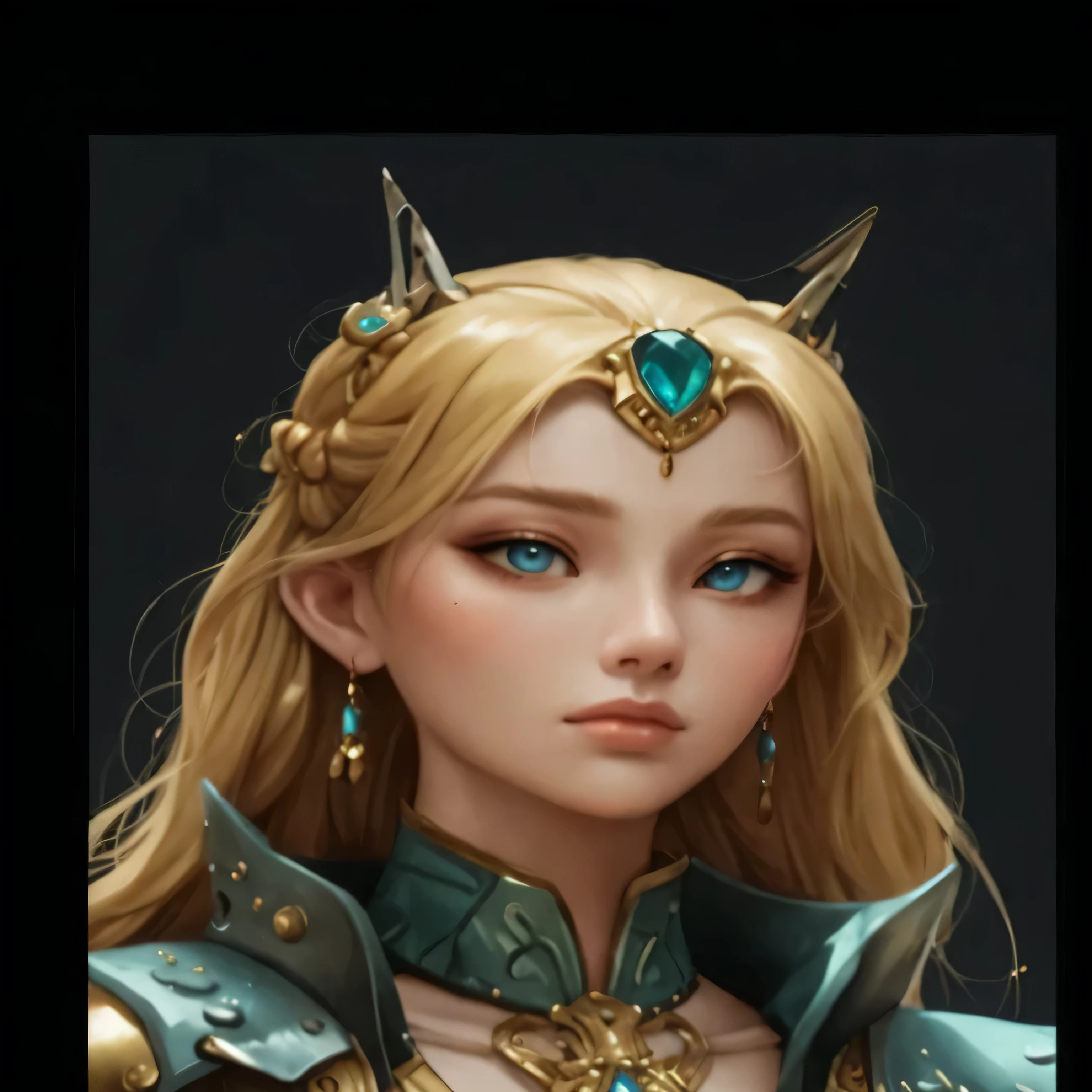 anime woman, face portrait, mixed Japanese European, beautiful woman, blonde, blue eyes, Warrior Empress, in her twenties, golden pompous jewelry, beautiful Japanese armor, sexy, cyberpunk princess warrior, elegant fantasy cyberpunk fusion, teal and gold palette, blonde hair, glowing cyan accents, nanoweave fabric, sleek, sophisticated, deadly grace, beautiful royal crown, perfect composition.