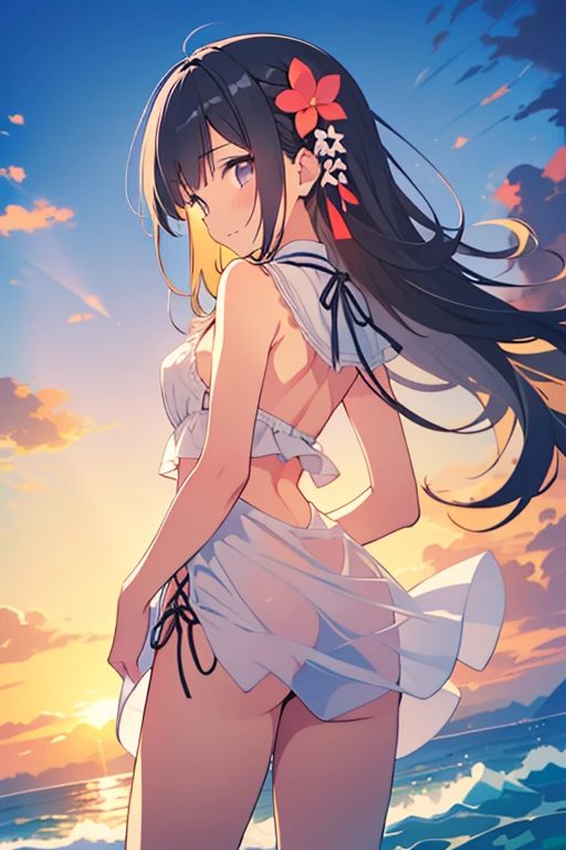 One Girl、12-year-old girl、Healthy girl、Strong sunlight、Summer sun、cumulonimbus、Blue sky、Japanese countryside、Rural Station、Old station building、誰もいない駅でOne Girlが電車を待っている、Standing on Home、Smiling、Slender,、small breast、Cleavage、Sandals、Straw hat、Long hair fluttering in the wind、Super cute、Clear skin、Sparkling Eyes、School Swimsuit、Detailed face、Detailed Hair、fullbody shot, back view, back shot, looking back at viewer, She's carrying her little sister、Holding hands
