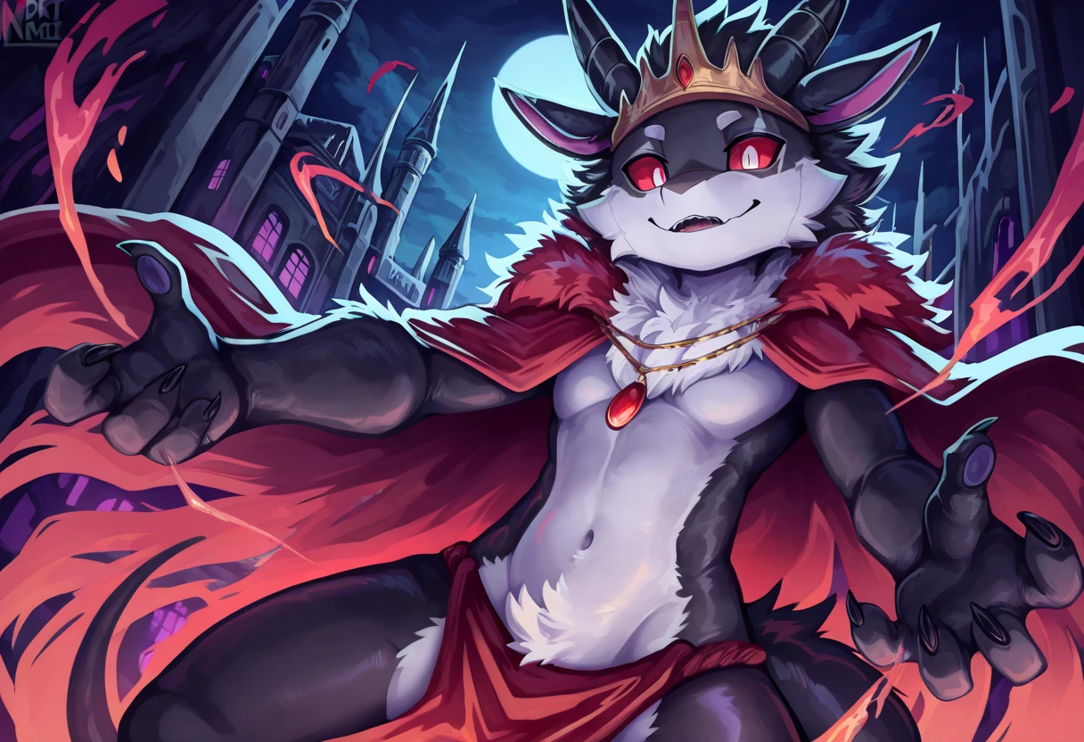 Furry shota, Lamb, "Cult of the lamb", red eyes, clear black body fur, black nose, small horns, white hair, spiky hairstyle, short hair, full body, detailed body fur, detailed body, detailed eyes, glistering body, shiny body, gorgeous body, masterpiece, feets whit three toes, ((crown, red cloak)), pose standing one leg up, leg hold pose, barefoot,