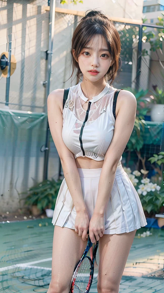Girl in white bra and short skirt posing for photo, full body, with cropped T-shirt, bra, slim figure, smaller bust, slim girl model, 24-year-old female model, lying on the construction site, a group of black men onlooking