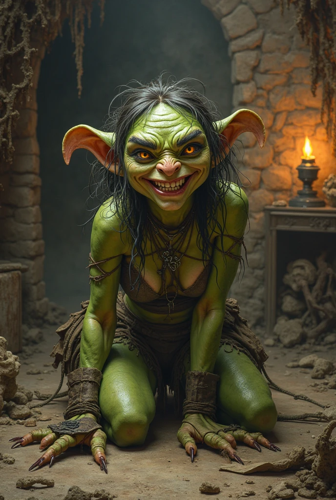 (multiple subjects)(complex details)(a very high quality,4k,8k,highres,masterpiece:1.2), ultra-detailed, realistic, photorealistic:1.37, HDR, UHD, studio lighting, extreme detail description, professional, vivid colors, bokeh, landscape, fantasy, (Overarching theme:Horror Movie), seductive, alluring, detailed faces, (green skin, sexy, buxom, evil, little, insane, cannibal, female goblins) with crude sharp glinting weapons, they have sharp shark like teeth and they are hungry), cannibal black iron cauldron (with pieces
of elves in it), magic glade, moonlight, full body, show goblins from head to toe, show her entire body