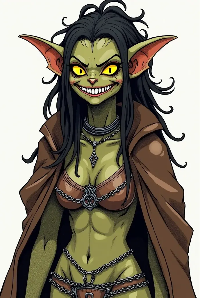 Goblin queen with large yellow eyes, a large toothy grin, chainmail coif, chainmail bikini, black dreadlocks, short and stout stature, brown leather poncho, drawing, simple lines, no shading, shorter ears