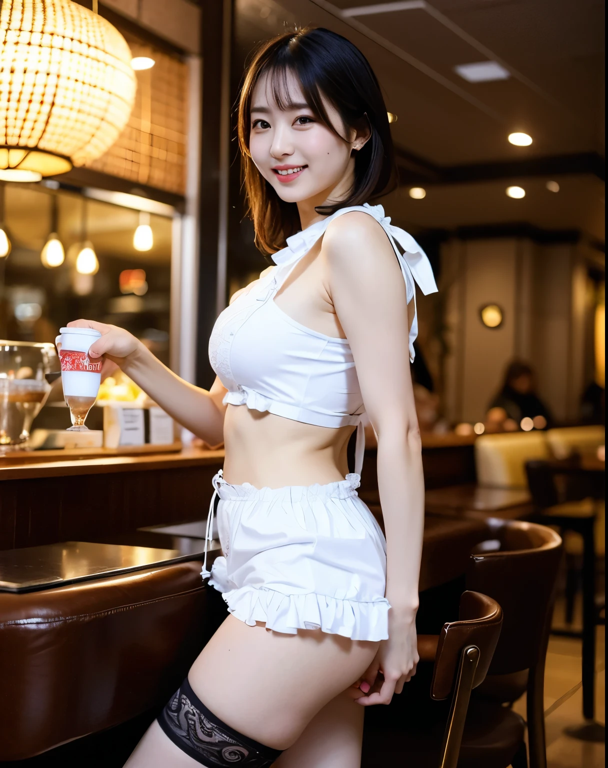 Beautiful legs, stockings, ultra details, masterpiece, Highest Quality, beautiful, details, alone, charming smile, Sexy Lips , one girl, brown eyes, silver-haired, Sexy Poses, big breasts, Low Hair Ring, open your legs, facing backwards, waitress, 美脚のwaitress, cafe