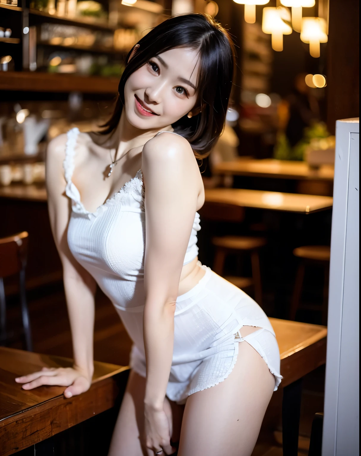 Beautiful legs, stockings, ultra details, masterpiece, Highest Quality, beautiful, details, alone, charming smile, Sexy Lips , one girl, brown eyes, silver-haired, Sexy Poses, big breasts, Low Hair Ring, open your legs, facing backwards, waitress, 美脚のwaitress, cafe