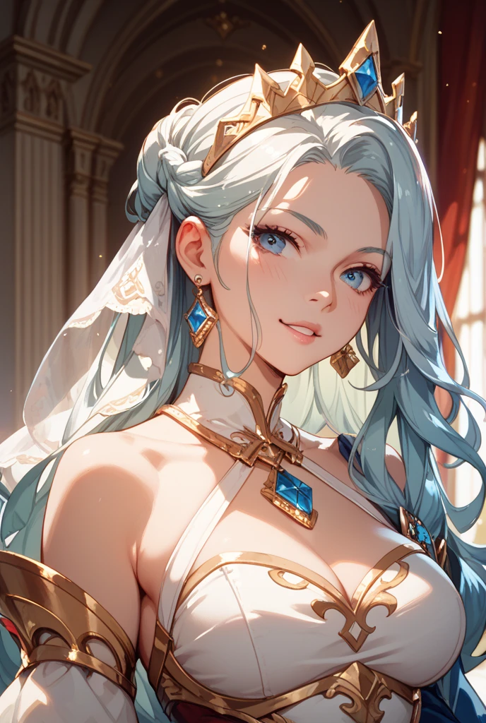 masterpiece, high quality, illustration, extremely detailed, cg unity 8k, 1_women, (upper body), (Caucasian skin_complexion:1.4),mature, statuesque, tall, beautiful, exotic, (((facing away from viewer))), (eyes looking away from viewer), ((arms crossed)), large breasts, (((frustrated expression))), (angry face), nsfw, chest window, ((cleavage)), and halter dress, black ((diaphanous sparkling dress)) with gold trim, crown, black knee_high boots, ((white embroidery elbow gloves)), long white hair, realistic and detailed face having (yellow eyes), ((dark_eyeliner)), long_eyelashes), natural dynamic lighting casts detailed shadows, marble room, (roman style background), marble columns,