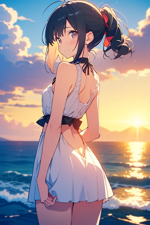 (Film portrait photography,photograph,Beautiful two-dimensional wallpapers)(Soft professional lighting,35mm film,Photographing distant views:1.3)(The back view of a -yeld culoli:1.6,aring a long white dress blown by the wind,Refined waist-hip ratio:1.6,White and long legs:1.3,Smile,small red lips:1.4,Wearing a bow and sun hat:1.4,cute white socks:1.3,French bangs:1.4,Double braid:1.2,Sitting on the grass and looking at the sky:1.5)(A flock of flying swallows:1.5,White clouds and blue sky:1.3,The picture is very neat :1.5)