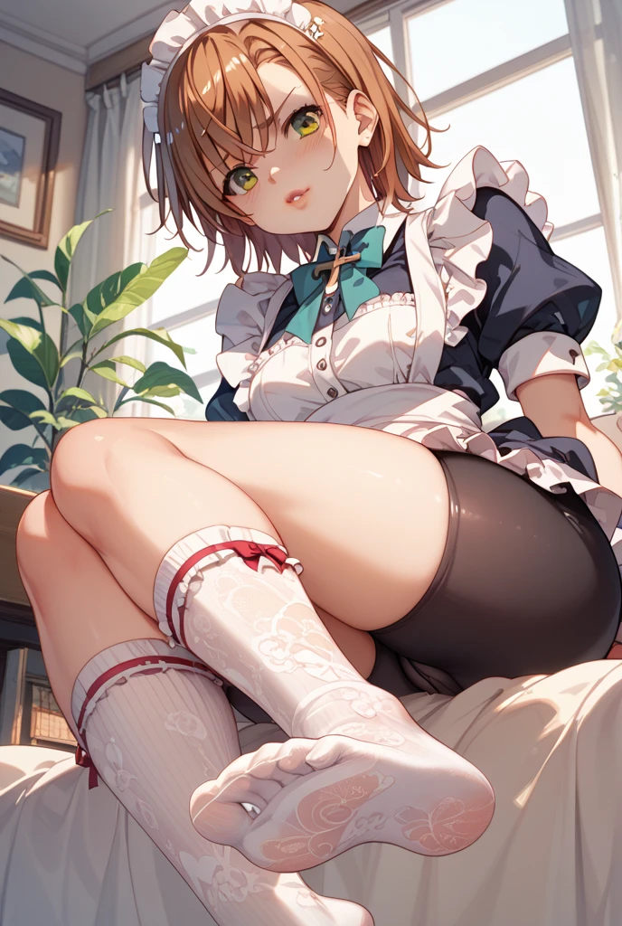(((Horse Girl))), (((Fine Motion))), Thighs, Sitting on a plush sofa, (((Panties are slightly visible))), smile, Dress like a young lady, (((White panties with green embroidery))), High resolution, The skirt is flipped up,