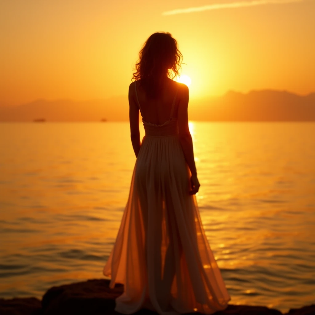 Qualidade extrema, CG, (cores brilhantes:0.8), A close-up photo of the back of a woman standing on a cliff overlooking a vast, Lago Sereno. She's looking away from the camera at sunset.. The mountains in the distance are reflected in the water, and the golden hues of the setting sun paint the sky with breathtaking colors., master part, best quality, 8k, 111cine8matic55