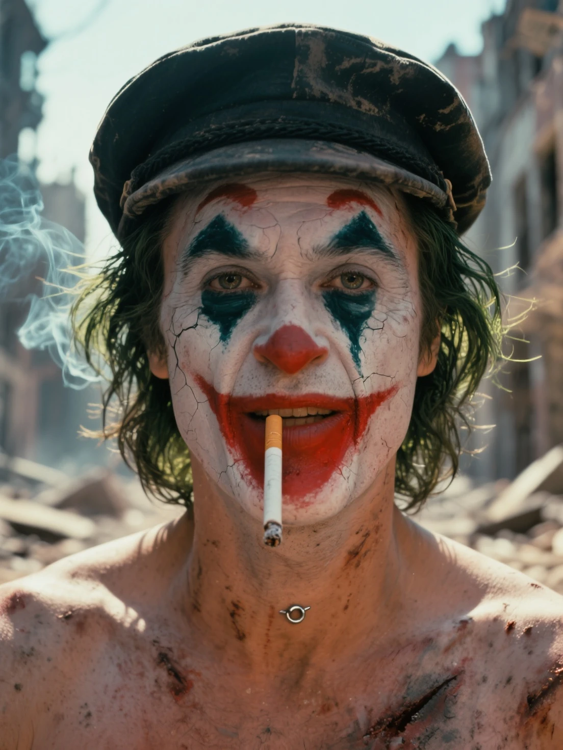 A post-apocalyptic zombie clown with decayed makeup, green toxic smoke rising from his face, and rugged clothing. The background is a dark, ruined city.