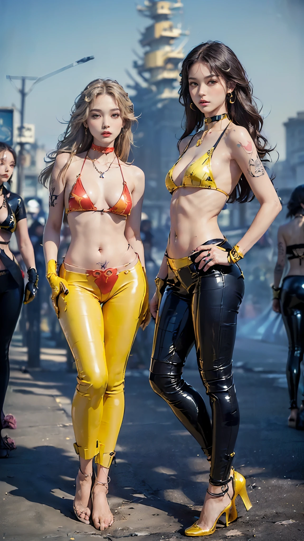 ((((Being in public))), (Top Quality, 8k, Masterpiece: 1.3)), Crisp Focus: 1.2, Beautiful Woman with Perfect Figure: 1.4, Slender Abs: 1.2, (((Layer Cut, Big: 1.2)), Wet Body: 1.5, Highly Detailed Face and Skin Texture, Detailed Eyes, Double Eyelids, Very Short Hair, , Slave, Red Corset, Bondlack Collar),( Two Women), , restrained, from below, disdain, panties, (btheir arms with hemp rope), (NSFW: 1.3), ((There are five spectators around the women), two women in corsets standing in a public place, Ayami Kojima and Ride Caldwell, Bottom Angle, (Shibari), leather  rope bondage, Wearing intricatatex suspenders, biomechanical, leather bikini, f/2